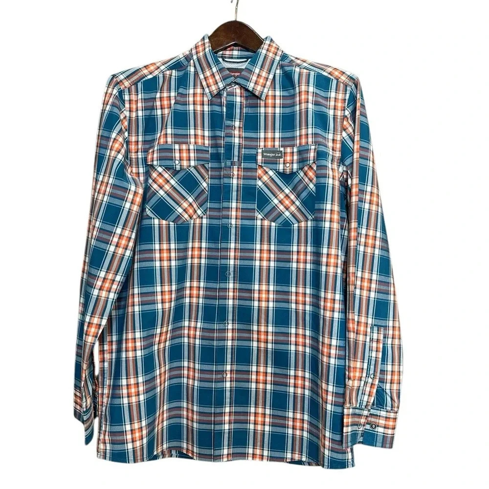 Wrangler Outdoor Blue Orange Plaid Llng Sleeves e Snap Button Size M
